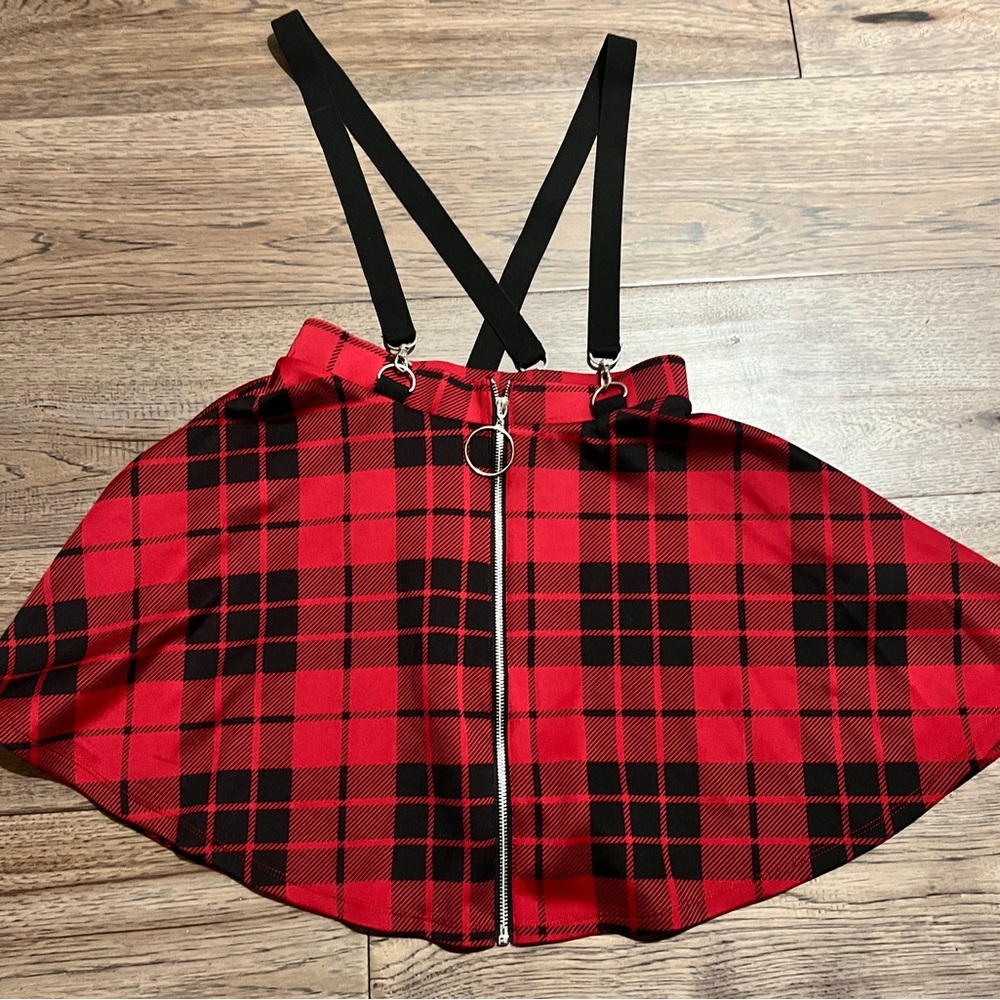 Hot Topic Red Plaid Mini Skirt with Black Suspenders